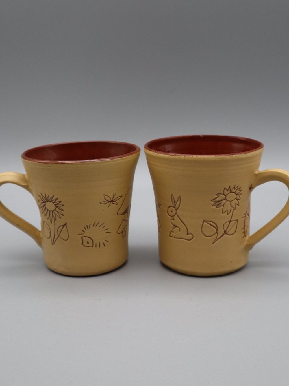 2 Vtg McWhirter Sgraffito Art Pottery Woodland Critter Mugs Celo, NC Signed
